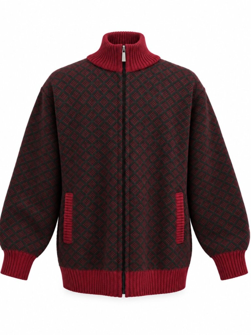Burgundy Geometric Full Zip Knit Sweater New L
